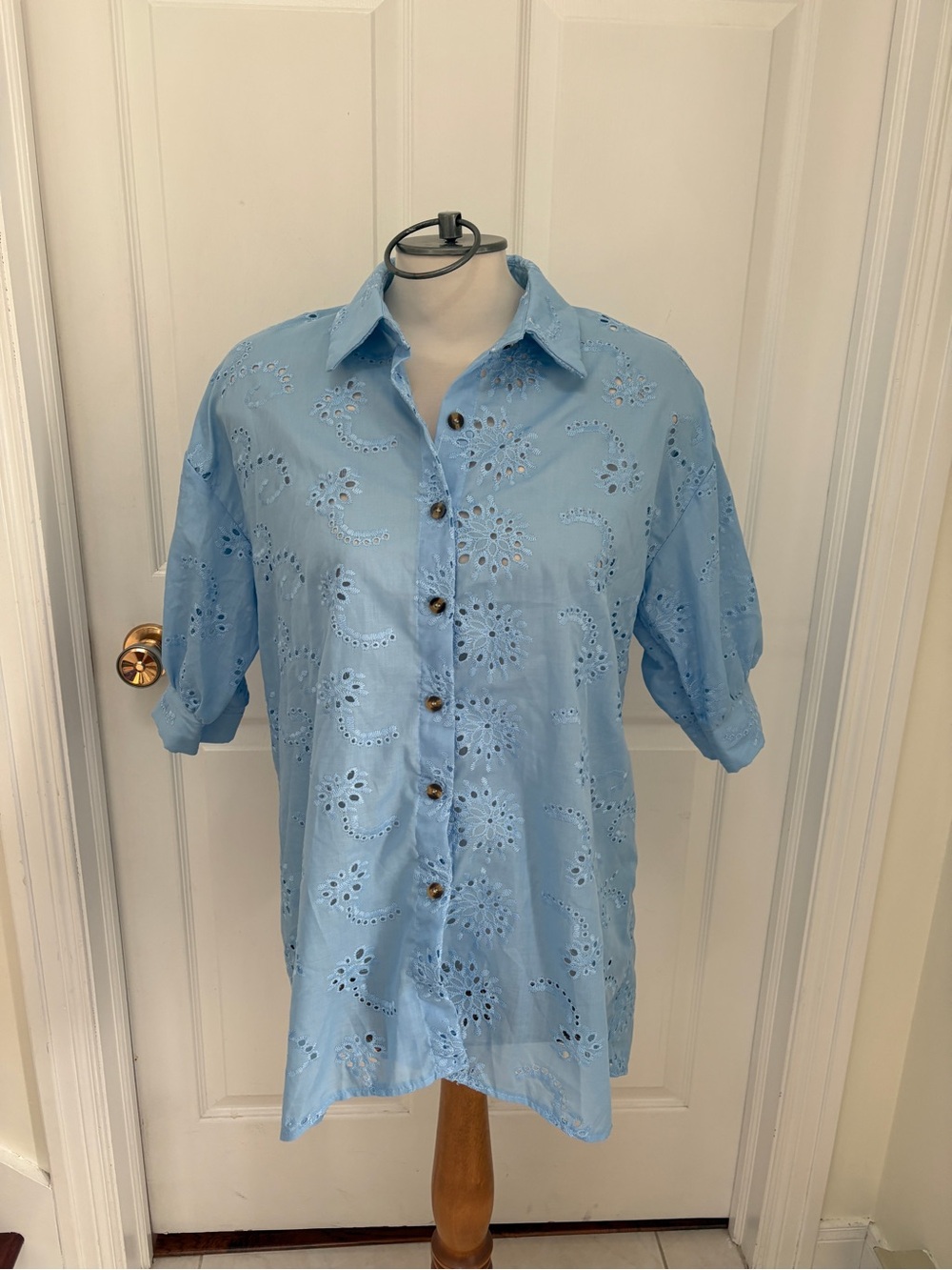 Light Blue Eyelet Button-Down Shirt